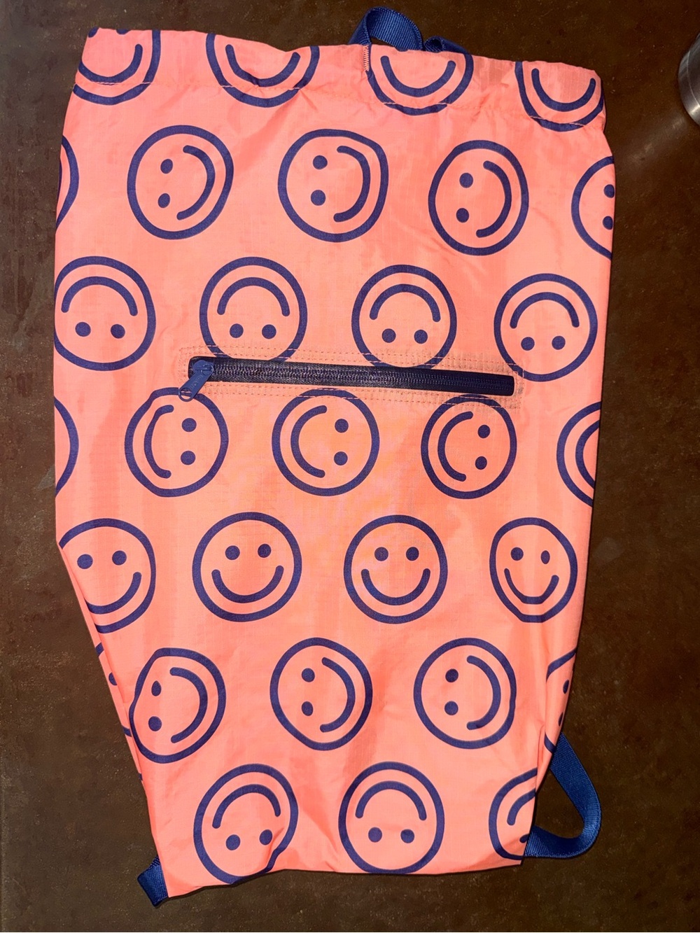 BAGGU Coral Backpack with Navy Smiley Print